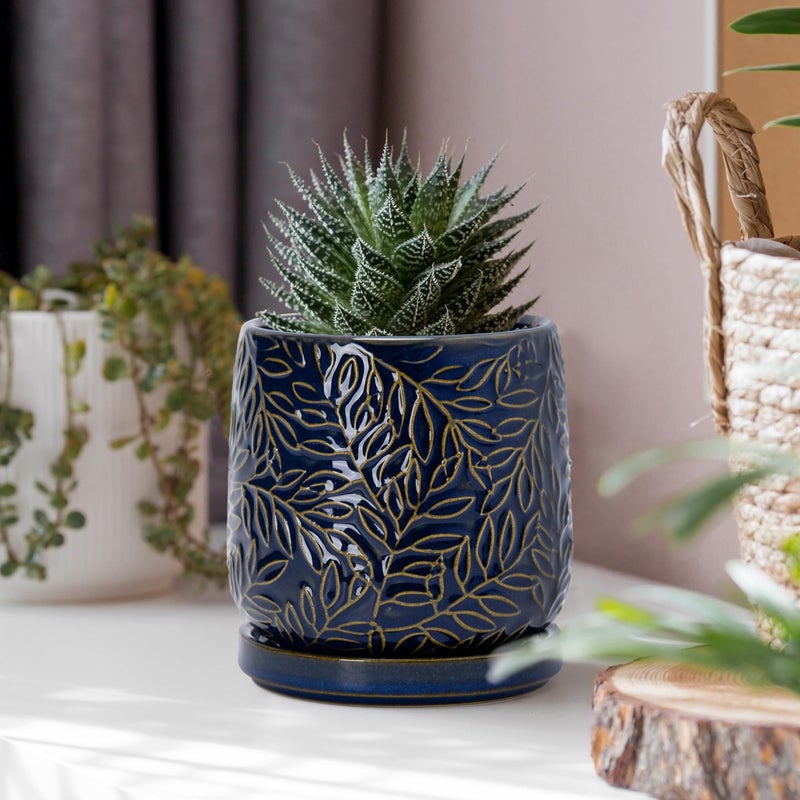 D'vine Dev 4 Inch Embossed Leaves Stoneware Planter Pot with Drainage Hole and Saucer, Midnight Blue, 27-A-Z-3 - Image 5