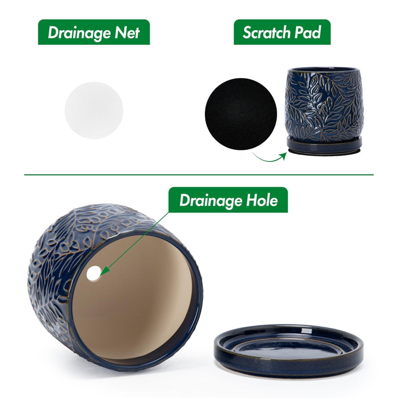 D'vine Dev 4 Inch Embossed Leaves Stoneware Planter Pot with Drainage Hole and Saucer, Midnight Blue, 27-A-Z-3 - Image 4