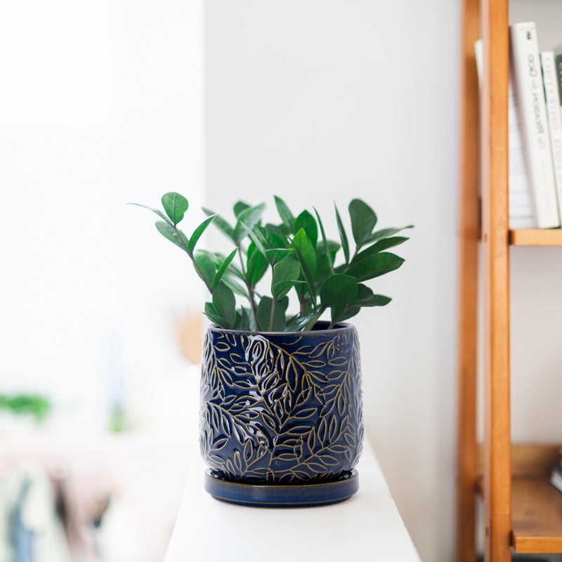 D'vine Dev 4 Inch Embossed Leaves Stoneware Planter Pot with Drainage Hole and Saucer, Midnight Blue, 27-A-Z-3 - Image 2
