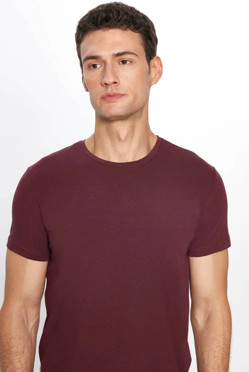 تودورس Men's Slim Fit Slim Cut Cotton Soft Texture Flexible Fabric Plain Basic Claret Red Crew Neck T-Shirt
