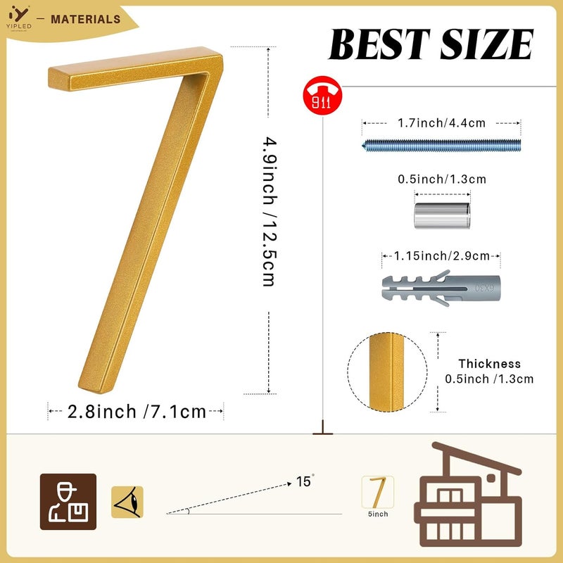 YIPLED 5 Inch House Numbers for Outside, Metal Address Number 7 - Modern Design, Weather-Resistant Gold Powder Coated Finish, No Fading (Gold) - Image 3