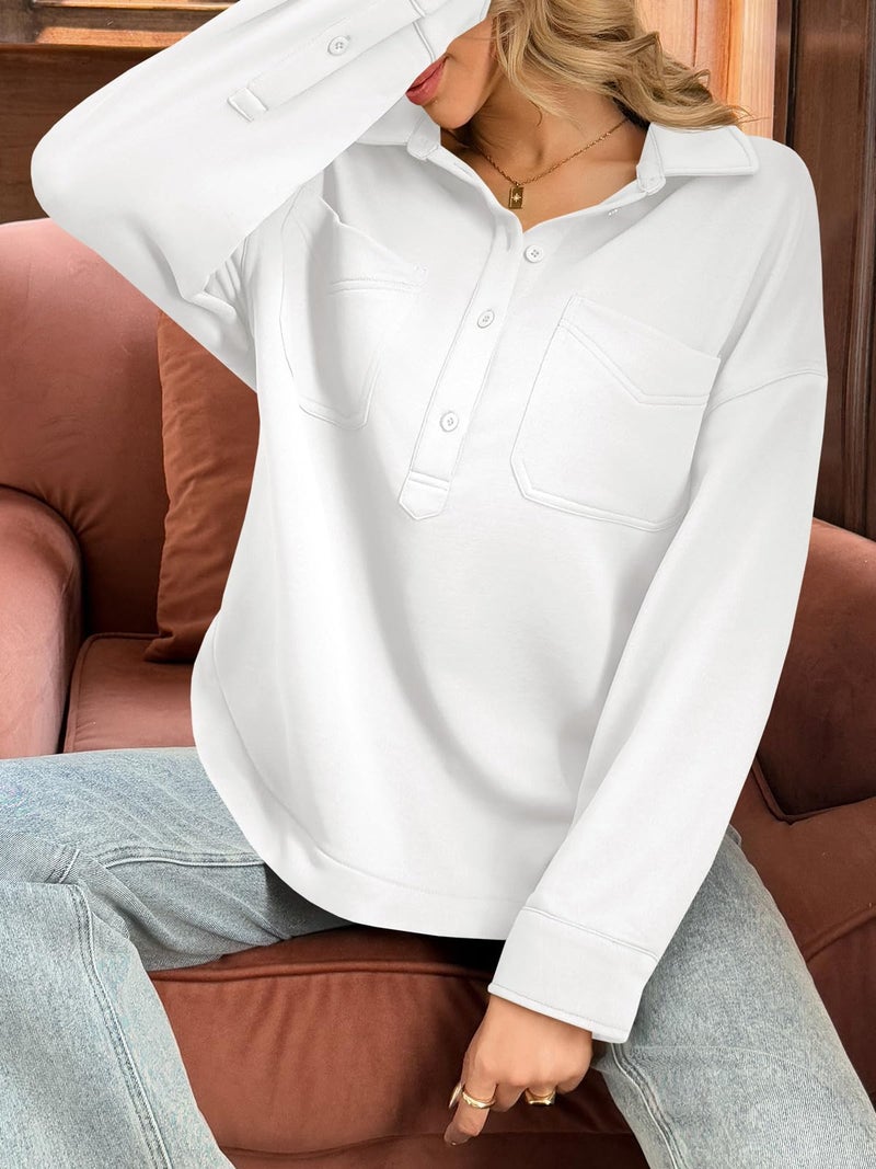 Fisoew Womens Oversized Sweatshirt Casual Long Sleeve Henley V Neck Pullover Tops Fall Outfits Clothes White - Image 5