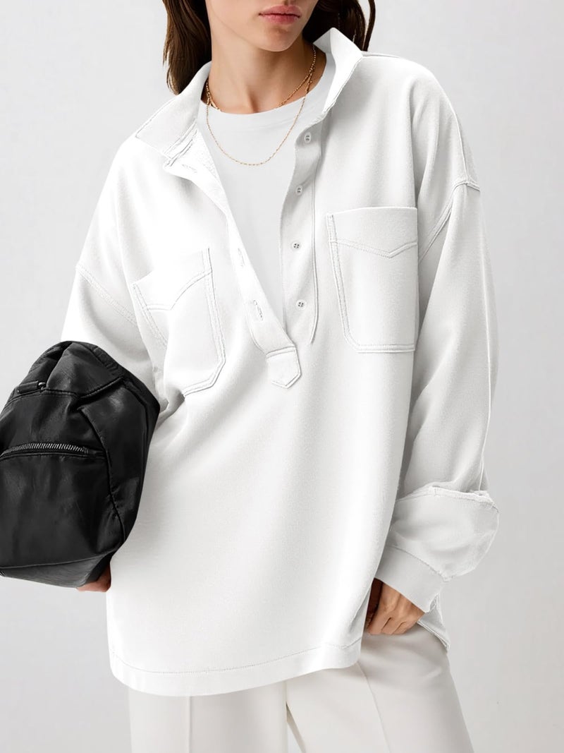 Fisoew Womens Oversized Sweatshirt Casual Long Sleeve Henley V Neck Pullover Tops Fall Outfits Clothes White - Image 2