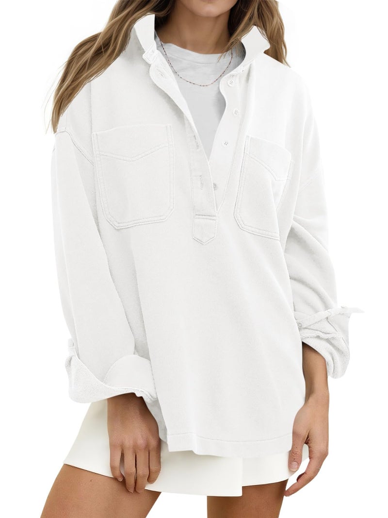 Fisoew Womens Oversized Sweatshirt Casual Long Sleeve Henley V Neck Pullover Tops Fall Outfits Clothes White - Image 1