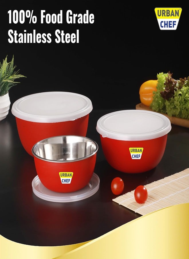 URBAN CHEF طقم أوعية خلط من أوربان شيف، 3 قطع، ستانلس ستيل (500 مل، 800 مل، 1250 مل) | آمن للاستخدام في الميكروويف وغسالة الصحون | طقم أوعية مع غطاء، هدية مثالية | أوعية للوجبات الخفيفة | أوعية تقديم، إكسسوارات مطبخ - أحمر - Image 4