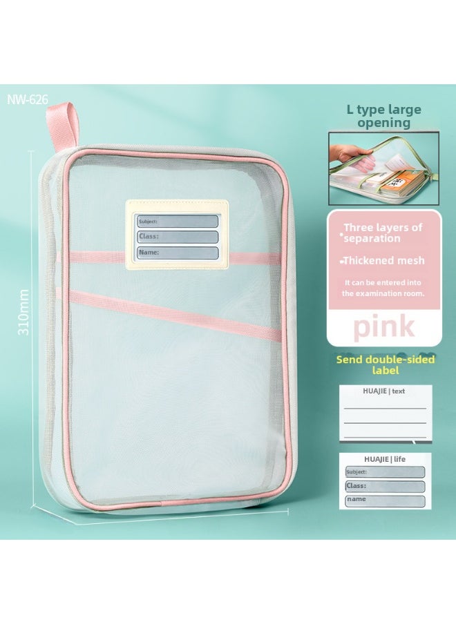 xozgdovg L-Shaped Mesh Document Bag Thickened Organizer Pink 