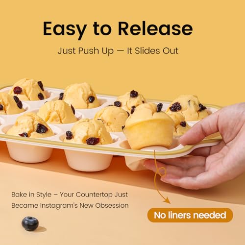 Fimary Silicone Muffin Pans for Baking 2 Pack, 2.6 Inch with Metal Reinforced Frame, Regular Size Nonstick Cupcake Pan 12 Cups for Baking Homemade Muffins, Dishwasher Safe BPA Free-Light Yellow - Image 3