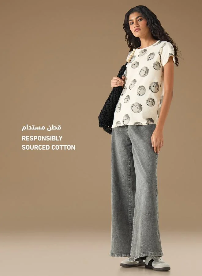 SP Characters All-Over S.W. Smiley Print Crew Neck T-shirt with Short Sleeves