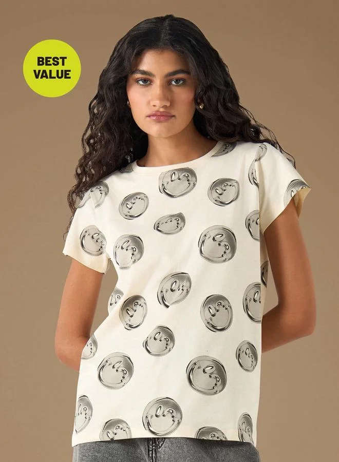 SP Characters All-Over S.W. Smiley Print Crew Neck T-shirt with Short Sleeves