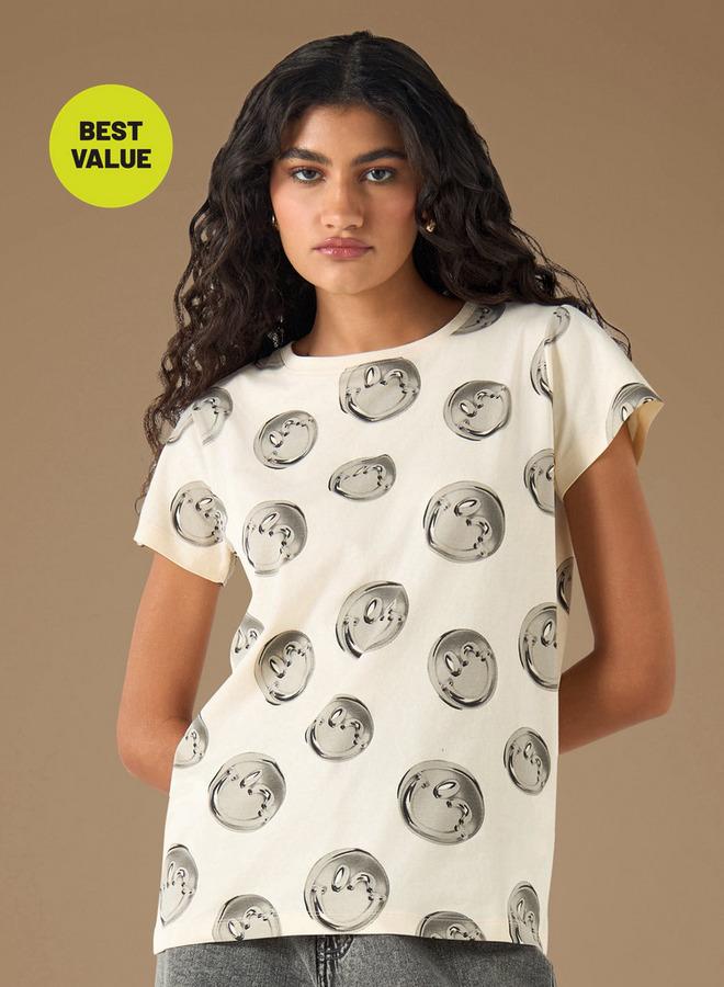 SP Characters All-Over S.W. Smiley Print Crew Neck T-shirt with Short Sleeves - Image 1