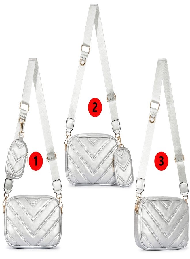 Herald Chevron Quilted Small Crossbody Bag with Coin Purse Pouch Women Square Snapshot Camera Side Shoulder 2 Size Handbag, Silvery - Image 2
