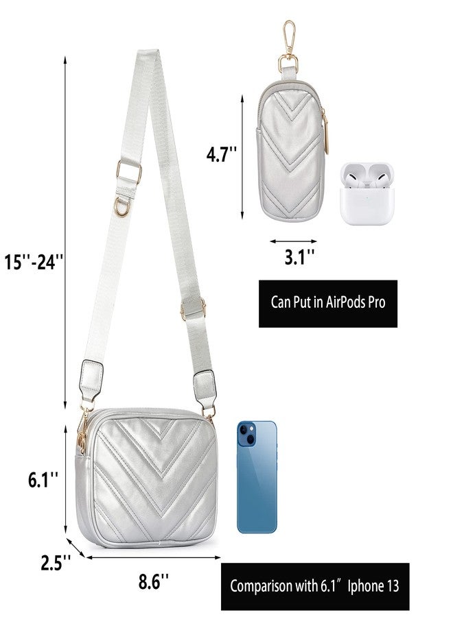 Herald Chevron Quilted Small Crossbody Bag with Coin Purse Pouch Women Square Snapshot Camera Side Shoulder 2 Size Handbag, Silvery - Image 4