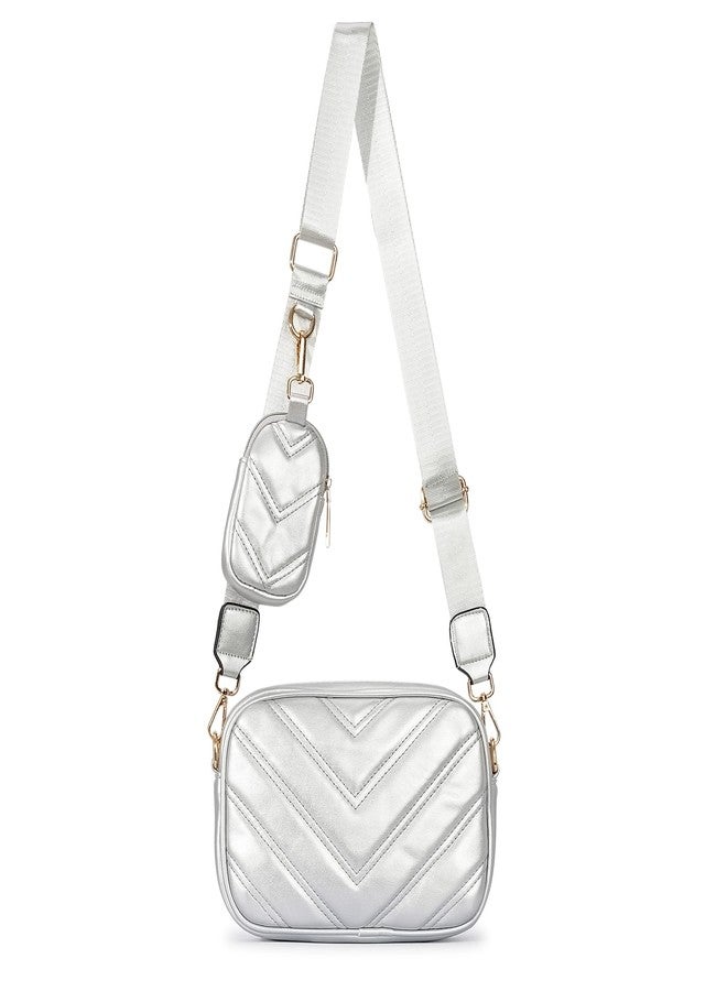 Herald Chevron Quilted Small Crossbody Bag with Coin Purse Pouch Women Square Snapshot Camera Side Shoulder 2 Size Handbag, Silvery - Image 1