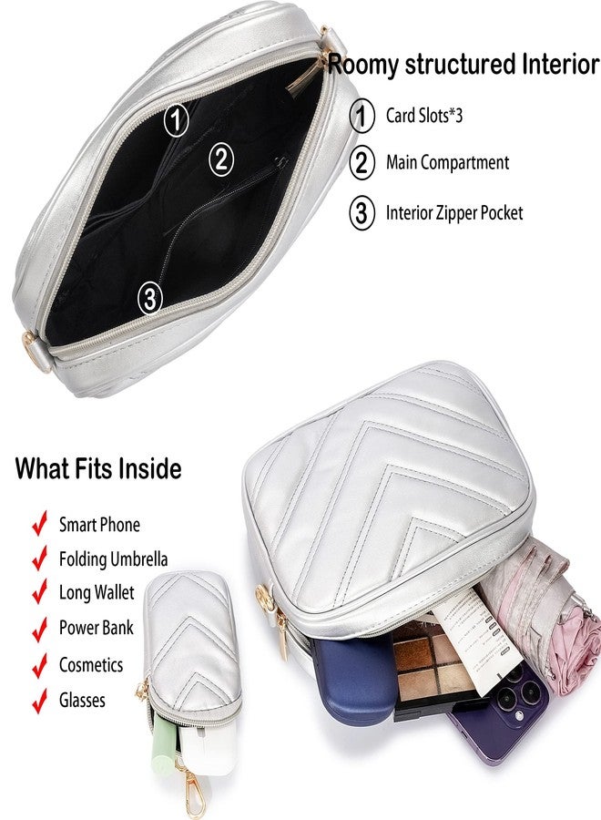 Herald Chevron Quilted Small Crossbody Bag with Coin Purse Pouch Women Square Snapshot Camera Side Shoulder 2 Size Handbag, Silvery - Image 5