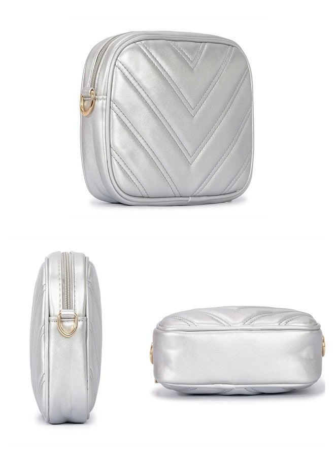 Herald Chevron Quilted Small Crossbody Bag with Coin Purse Pouch Women Square Snapshot Camera Side Shoulder 2 Size Handbag, Silvery - Image 3