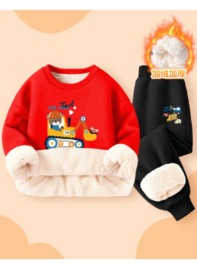 YISHUANGER Boys' Autumn And Winter Fleece-lined Thickened Hoodie Set For Baby Boys, Car Excavator New Year Red Clothing - Image 1