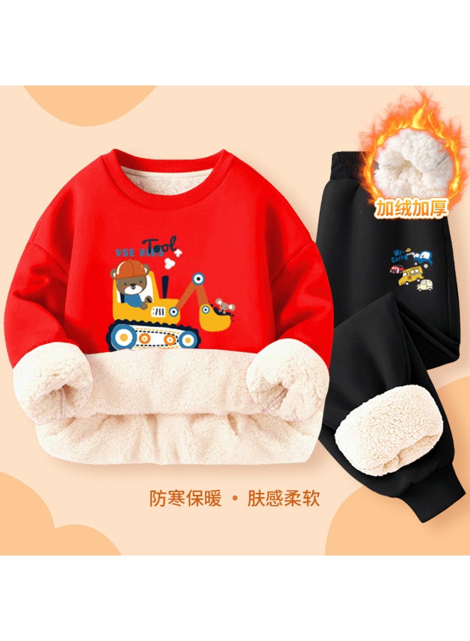 YISHUANGER Boys' Autumn And Winter Fleece-lined Thickened Hoodie Set For Baby Boys, Car Excavator New Year Red Clothing - Image 2