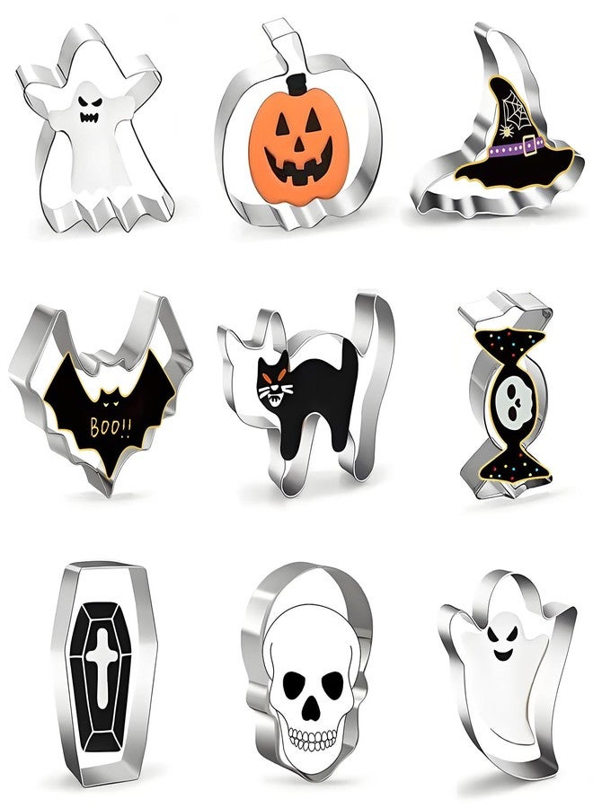 uadbau Halloween Cookie Cutters Set, 9-Piece Metal Cookie Cutters - Stainless Steel Silver, Including Pumpkin, Ghost, Coffin, Bat, Witch Hat, Cat, Candy, Skull, for Halloween Food Decor - Image 1