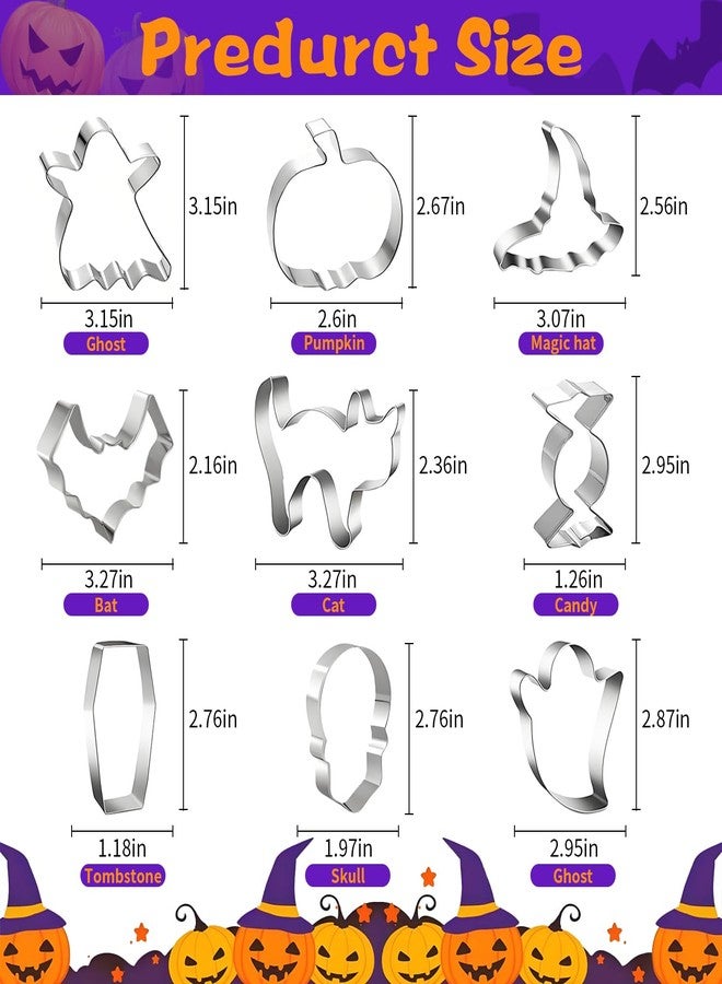 uadbau Halloween Cookie Cutters Set, 9-Piece Metal Cookie Cutters - Stainless Steel Silver, Including Pumpkin, Ghost, Coffin, Bat, Witch Hat, Cat, Candy, Skull, for Halloween Food Decor - Image 4