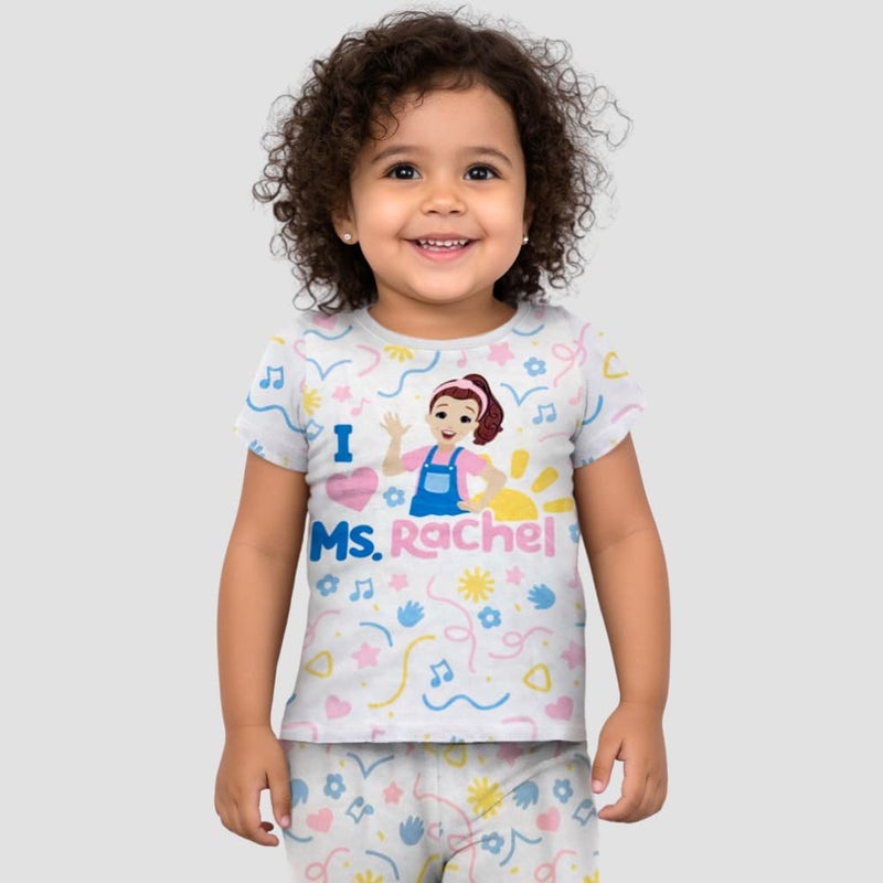 Ms. Rachel 2 Piece Pajama Set - Toddler Girls Boys PJ Set, Short Sleeve Shirt & Pants - Kids Sleepwear Set - Official License White - Image 5
