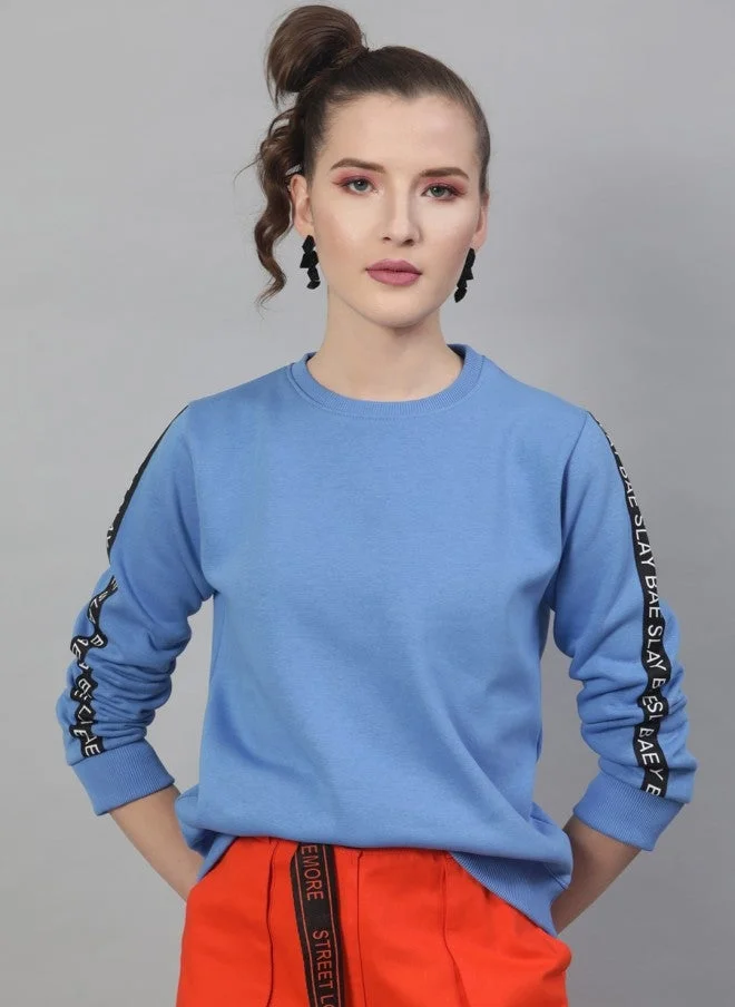 Blue Solid Pullover Sweatshirt for Women