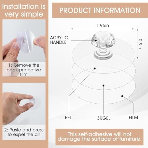 JIALTO Adhesive Clear Cabinet Drawer Knobs Hook, Diamond Crystal Shaped Pulls Handles for Wardrobe, Kitchen Cupboard, Drill Free Self-Stick Push Pull Helper Hook (Diamond Knobs, 10) - Image 2