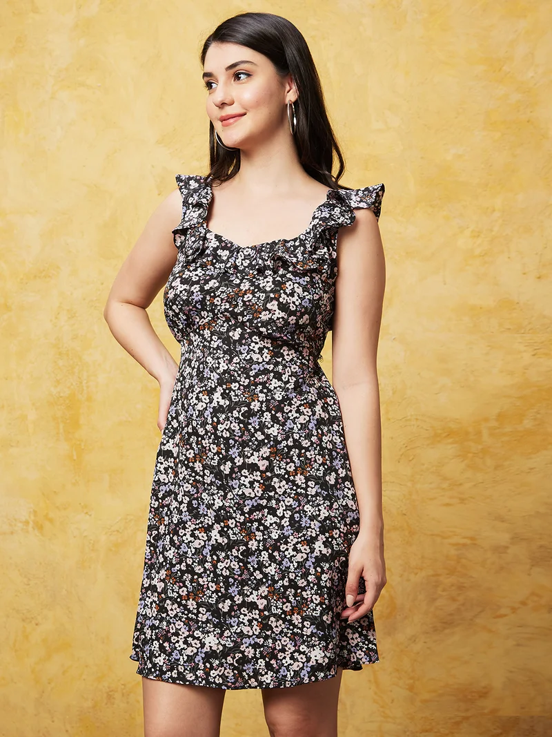 globus Women Black Floral Printed Cut-Outs Fit & Flare Dress