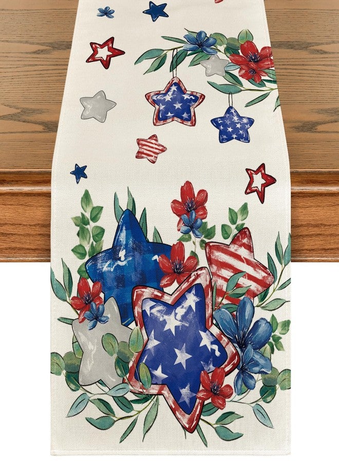 Artoid Mode Eucalyptus Flowers Stars Patriotic 4th of July Table Runner, Memorial Day Kitchen Dining Table Decoration for Home Party Decor 13x72 Inch - Image 1