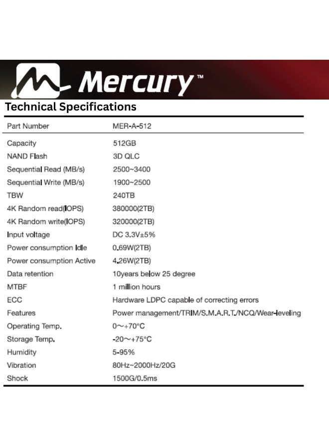 Mercury MERA-Series M.2 NVMe SSD, PCIe Gen3 x4, 2280, 3400MB/s Read Speed, 3100 MB/s Write Speed (512, GB) - Image 4