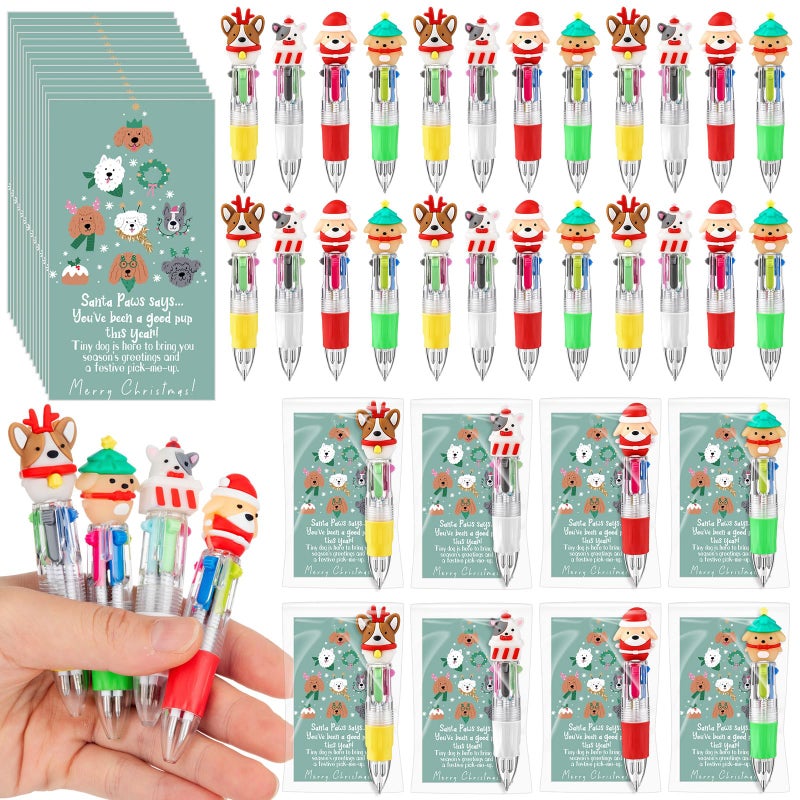 Sayglossy 24 Sets Christmas Dog Pens Bulk with Cards 4in1 Multicolor Retractable Ballpoint Pens Cute Santa Dog Design for Holiday Xmas Party Gifts - Image 2