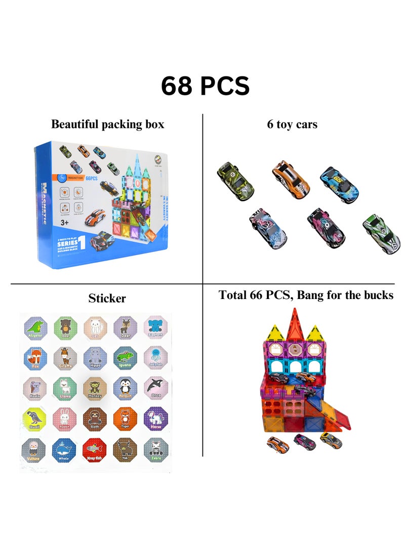 Magnetic Tiles for Kids,68Pcs With 6 Cars STEM Approved Educational Building Blocks Set, Creative Magnet Puzzles & Stacking Toys for Toddlers, Boys & Girls  - Image 4