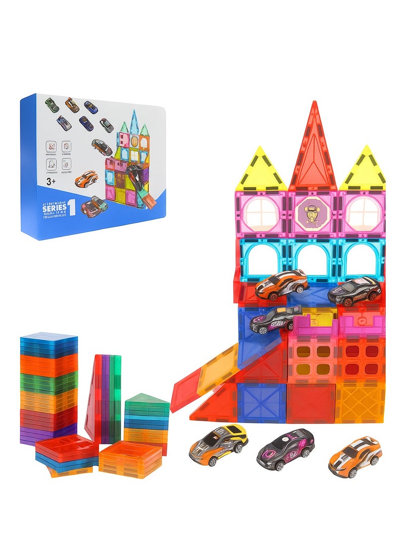 Magnetic Tiles for Kids,68Pcs With 6 Cars STEM Approved Educational Building Blocks Set, Creative Magnet Puzzles & Stacking Toys for Toddlers, Boys & Girls  - Image 1