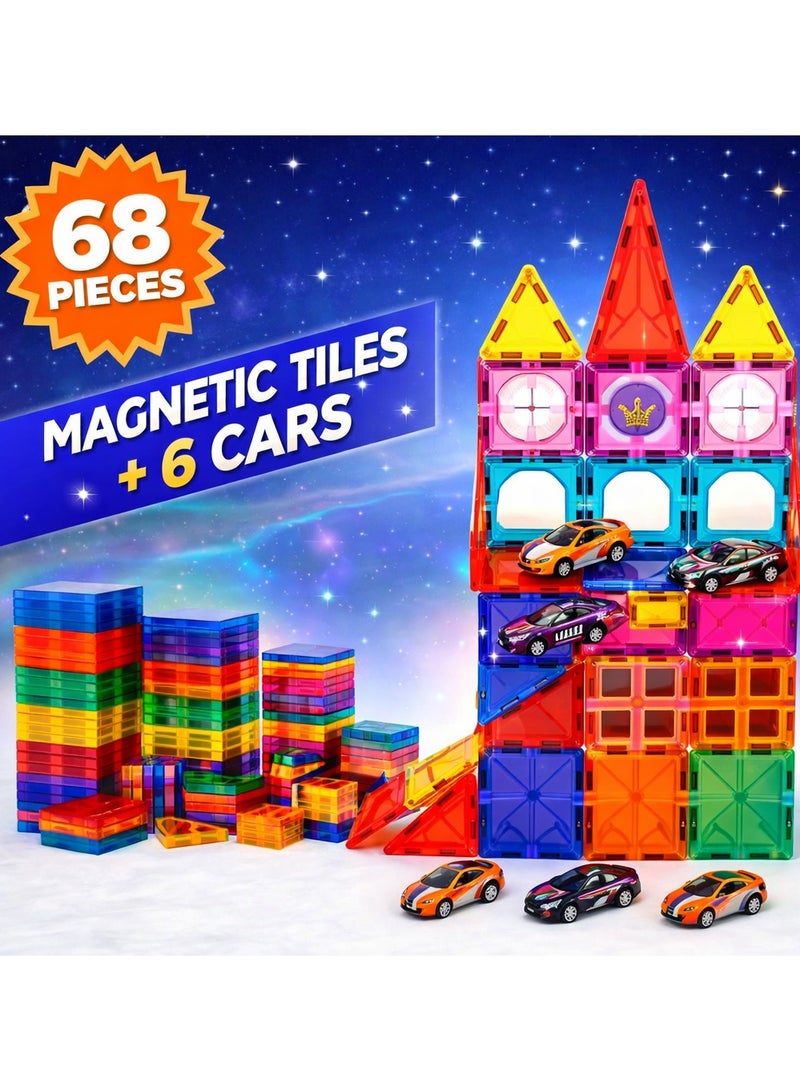 Magnetic Tiles for Kids,68Pcs With 6 Cars STEM Approved Educational Building Blocks Set, Creative Magnet Puzzles & Stacking Toys for Toddlers, Boys & Girls - Image 2