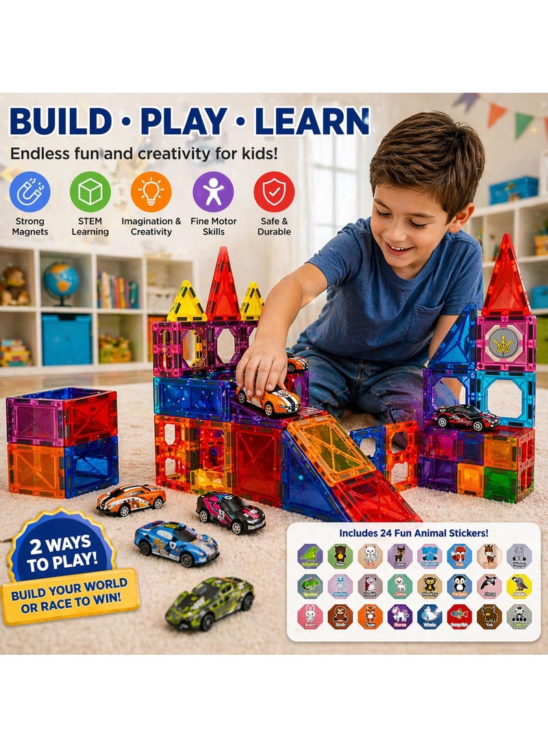 Magnetic Tiles for Kids,68Pcs With 6 Cars STEM Approved Educational Building Blocks Set, Creative Magnet Puzzles & Stacking Toys for Toddlers, Boys & Girls - Image 3