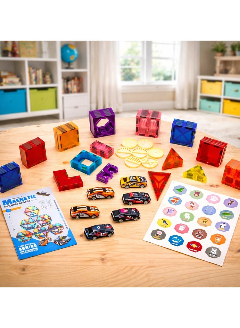Magnetic Tiles for Kids,68Pcs With 6 Cars STEM Approved Educational Building Blocks Set, Creative Magnet Puzzles & Stacking Toys for Toddlers, Boys & Girls - Image 4