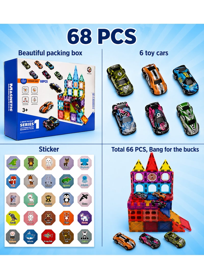 Magnetic Tiles for Kids,68Pcs With 6 Cars STEM Approved Educational Building Blocks Set, Creative Magnet Puzzles & Stacking Toys for Toddlers, Boys & Girls - Image 5