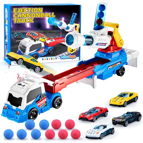 AuroTops Boy Toys Age 3 4 5 6 Year Old Boy Gifts for Kids Gifts Toy Trucks with Light Sounds Toys for Kids Age 3 4 5 6 7 8 Years OldInclude EejectionShooting Truck4 Racing Cars - Image 1