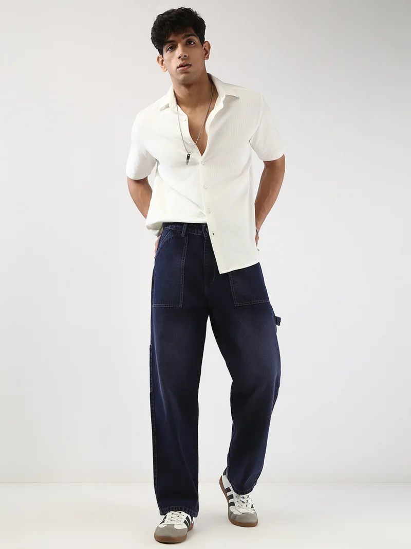 Urbano Fashion  Urbano Fashion Men's Dark Blue Loose Baggy Fit Cargo Carpenter Jeans with 6 Pockets Non-Stretchable  | Best Price UAE