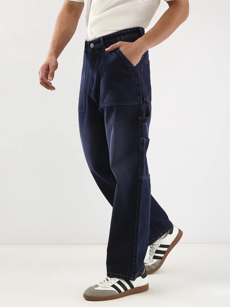 Urbano Fashion Men's Dark Blue Loose Baggy Fit Cargo Carpenter Jeans with 6 Pockets Non-Stretchable