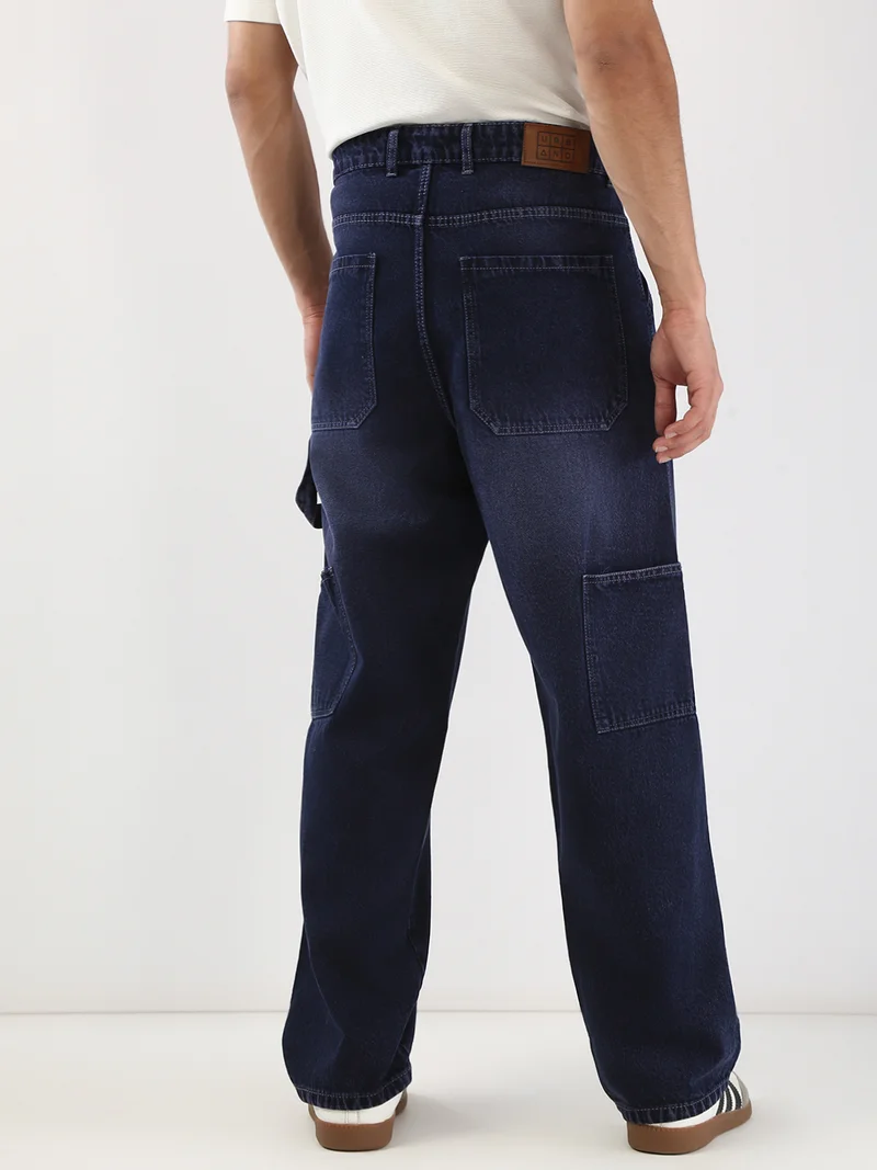 Urbano Fashion  Urbano Fashion Men's Dark Blue Loose Baggy Fit Cargo Carpenter Jeans with 6 Pockets Non-Stretchable  | Best Price UAE