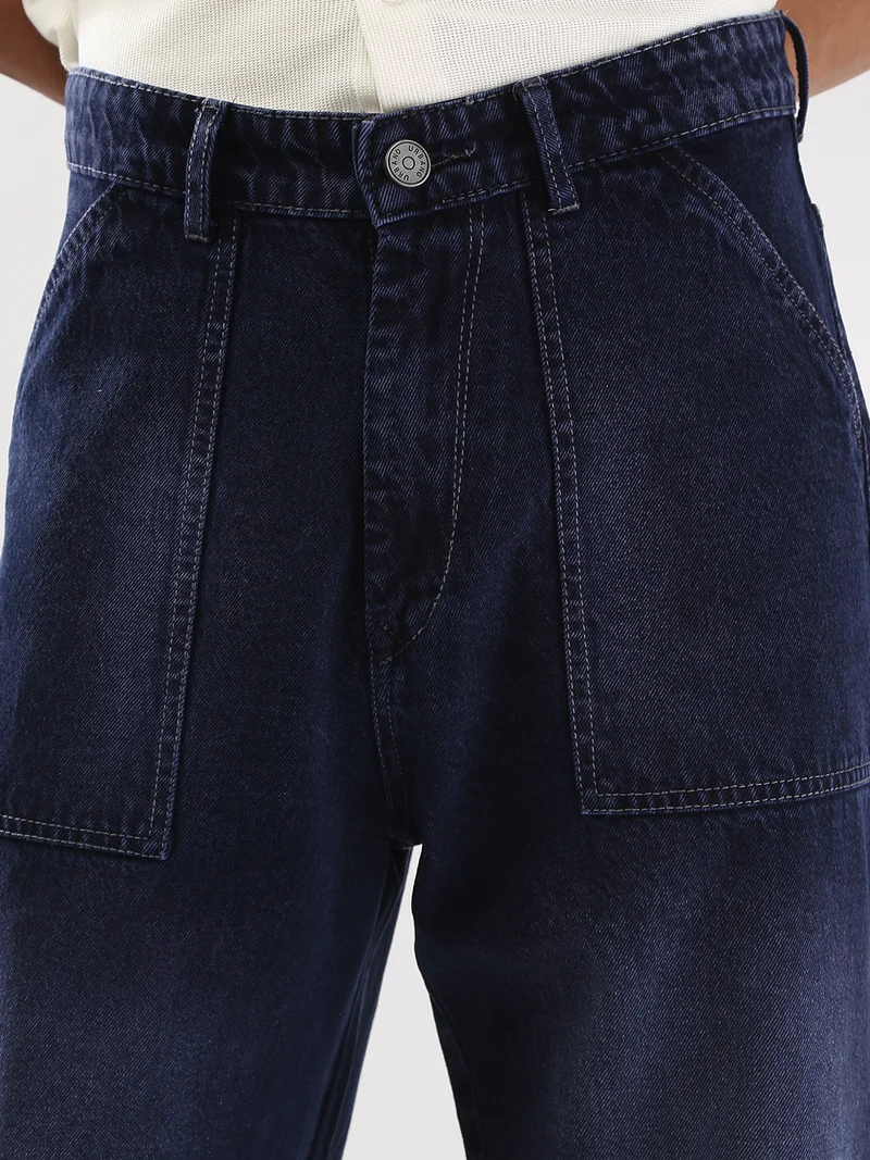 Urbano Fashion  Urbano Fashion Men's Dark Blue Loose Baggy Fit Cargo Carpenter Jeans with 6 Pockets Non-Stretchable  | Best Price UAE