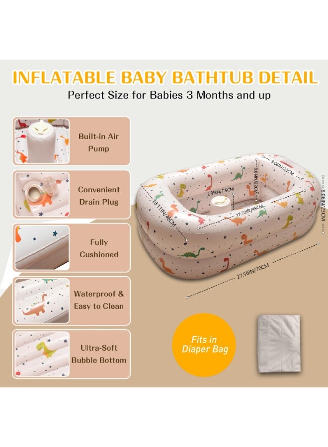 دايتويز حوض استحمام قابل للنفخ للأطفال مزود بمضخة هواء مدمجة، حوض استحمام محمول للسفر للأطفال، مقاعد حمام سباحة قابلة للنفخ للأطفال الصغار أثناء الجلوس، حوض استحمام قابل للطي للأطفال حديثي الولادة من عمر 3 أشهر فما فوق (ديناصور) - Image 2