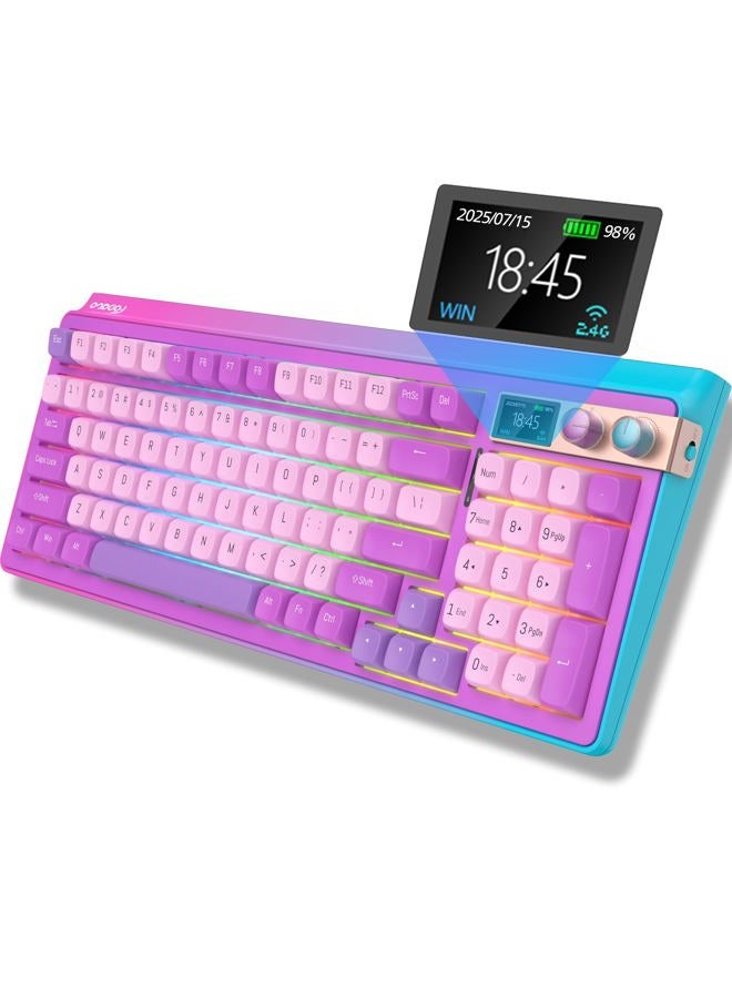 FOPATO 98% Mechanical Gaming Keyboard,96 Keys Full Key Rollover Wireless Keyboard Hot Swappable Gasket Structure,Bluetooth,2.4GHz,USB-A to C 3-Mode,with Screen,RGB,PBT Keycaps,for PC Laptop (Purple - Image 1