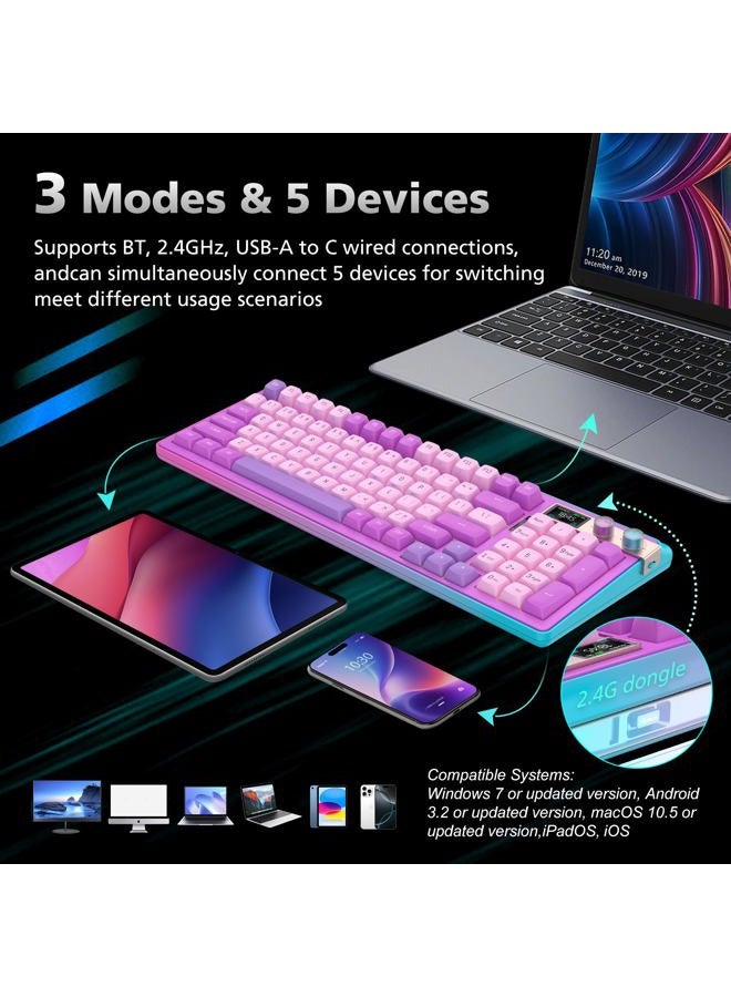 FOPATO 98% Mechanical Gaming Keyboard,96 Keys Full Key Rollover Wireless Keyboard Hot Swappable Gasket Structure,Bluetooth,2.4GHz,USB-A to C 3-Mode,with Screen,RGB,PBT Keycaps,for PC Laptop (Purple - Image 3