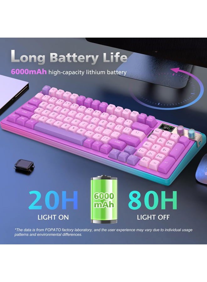 FOPATO 98% Mechanical Gaming Keyboard,96 Keys Full Key Rollover Wireless Keyboard Hot Swappable Gasket Structure,Bluetooth,2.4GHz,USB-A to C 3-Mode,with Screen,RGB,PBT Keycaps,for PC Laptop (Purple - Image 5