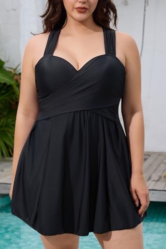 COCOPEAR Women's Elegant Crossover One Piece Swimdress Floral Skirted Swimsuit Black 3XL/16-18 - Image 3