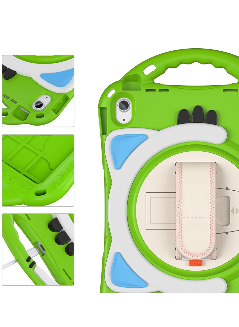 GULFLINK Cute Cat Kids Case with 360 Degree Rotatable Stand/Hand Strap+Shoulder Strap for ipad 10th 10.9 inch 2022（A2757/A2777）Green  - Image 3