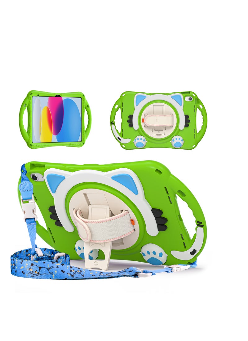 GULFLINK Cute Cat Kids Case with 360 Degree Rotatable Stand/Hand Strap+Shoulder Strap for ipad 10th 10.9 inch 2022（A2757/A2777）Green  - Image 1