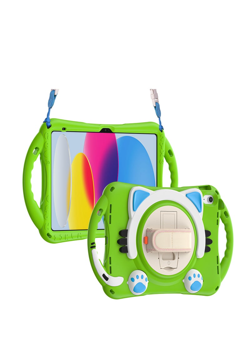 GULFLINK Cute Cat Kids Case with 360 Degree Rotatable Stand/Hand Strap+Shoulder Strap for ipad 10th 10.9 inch 2022（A2757/A2777）Green  - Image 2