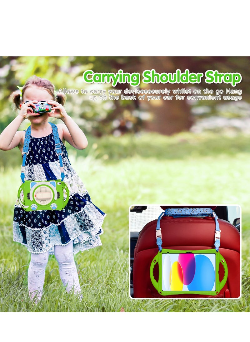 GULFLINK Cute Cat Kids Case with 360 Degree Rotatable Stand/Hand Strap+Shoulder Strap for ipad 10th 10.9 inch 2022（A2757/A2777）Green  - Image 5